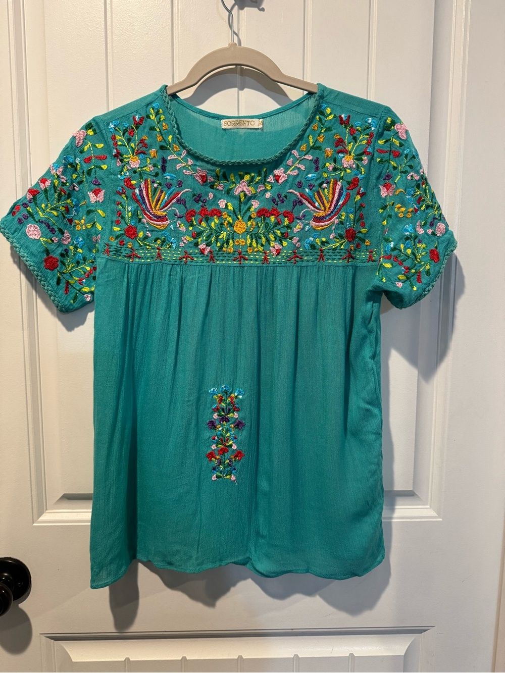 Teal Embroidered Short-Sleeve Women's Blouse Med